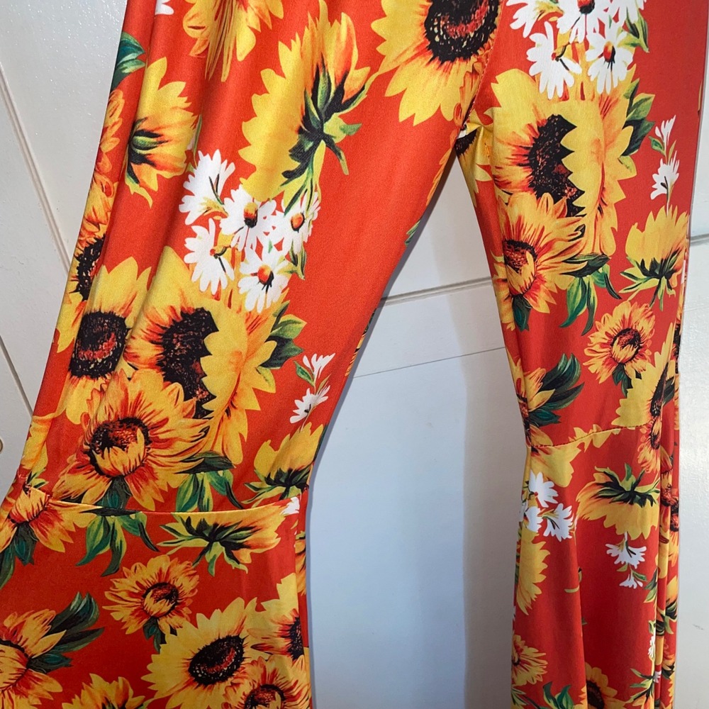 Womens Sunflower Bell Bottom Flare Pants orange stretch Floral Boho Retro XS - Picture 3 of 7
